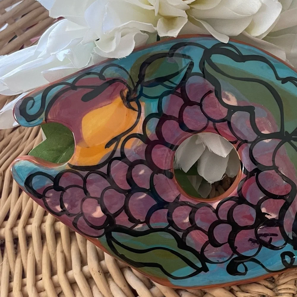 Handcrafted Wine Bottle and Glasses Holder Hand Painted grapes and pears design